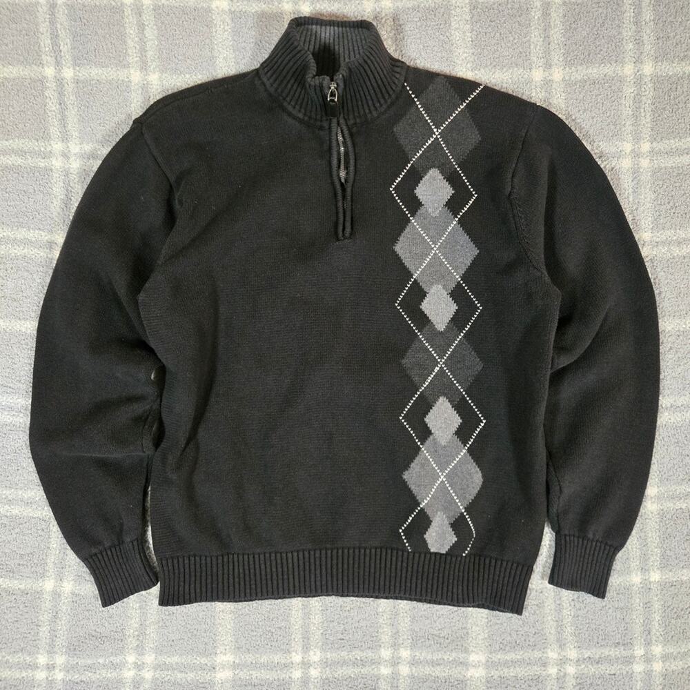 Oscar de la Renta 2013 Black and Gray Argyle Quarter Zip Preppy Sweater Mens XL